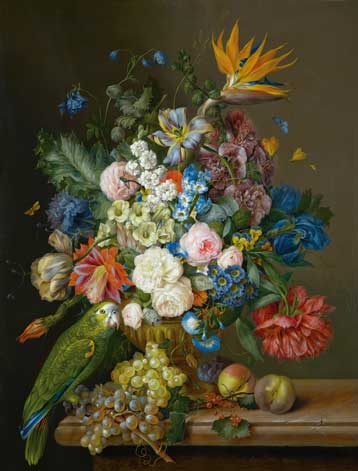 Franz Xaver Petter (Lichtental (Wien) 1791–1866 Wien), Detail aus «Blumenstillleben mit Rosen und einem Blaubrust-Amazonas-Papagei (Amazona Aestiva) auf einem Marmorsims», 1830